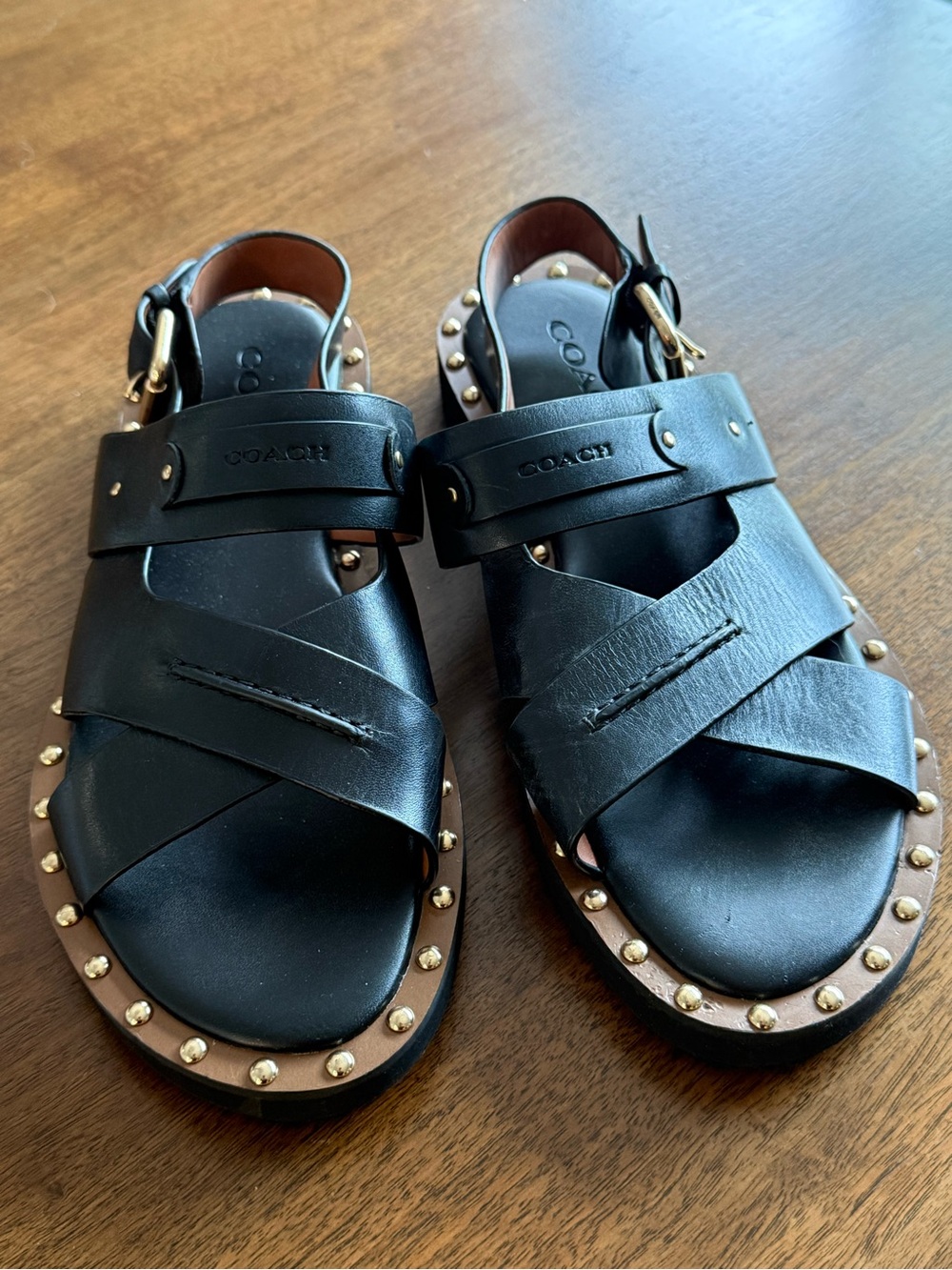 Coach Black Leather Stud-Trim Women’s Crisscross Sandals